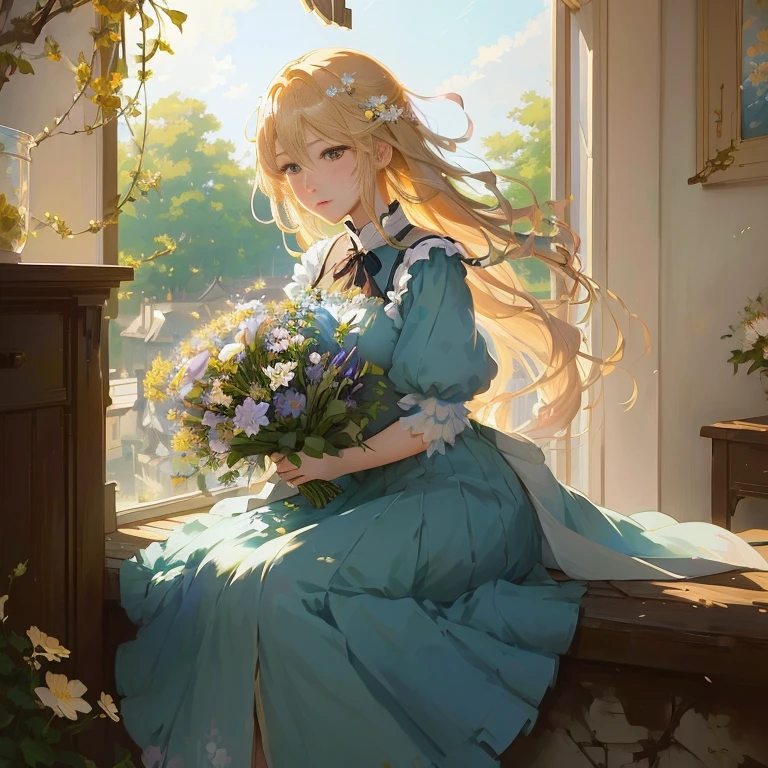 anime girl sitting on window ledge with flowers in hand,  in dress, painted in anime painter studio, guweiz on pixiv artstation, with flowers, violet evergarden, artwork in the style of guweiz, guweiz on artstation pixiv, marin kitagawa fanart, summer morning light, guweiz, anime visual of a cute girl