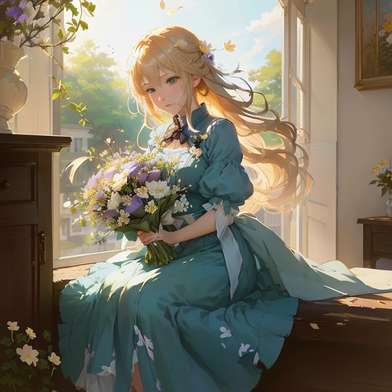 anime girl sitting on window ledge with flowers in hand, in dress, painted in anime painter studio, guweiz on pixiv artstation, with flowers, violet evergarden, artwork in the style of guweiz, guweiz on artstation pixiv, marin kitagawa fanart, summer morning light, guweiz, anime visual of a cute girl
