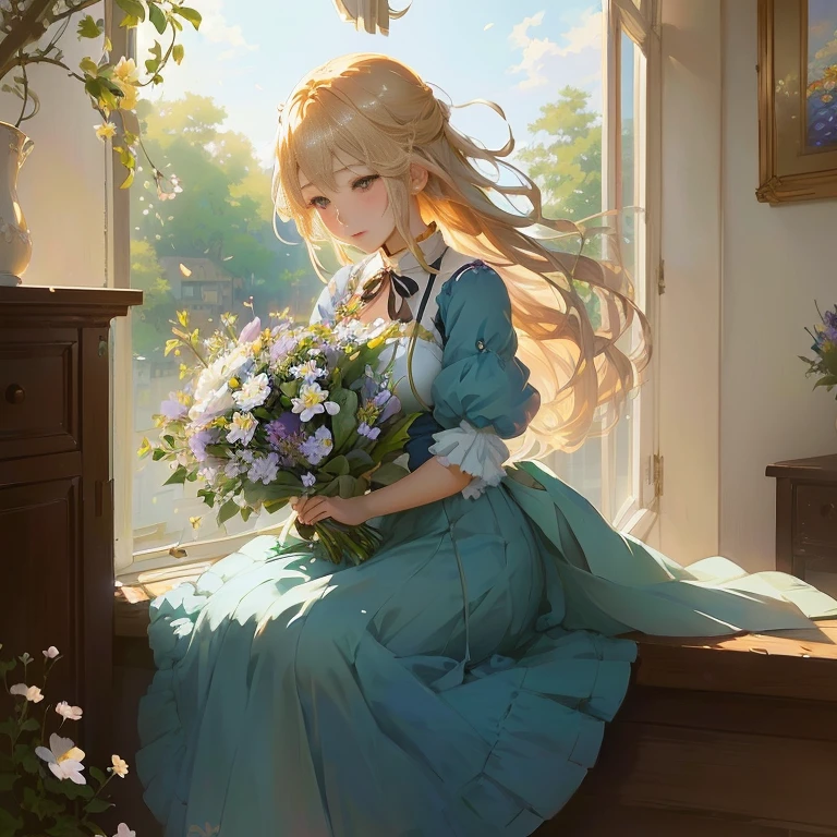 anime girl sitting on window ledge with flowers in hand, in dress, painted in anime painter studio, guweiz on pixiv artstation, with flowers, violet evergarden, artwork in the style of guweiz, guweiz on artstation pixiv, marin kitagawa fanart, summer morning light, guweiz, anime visual of a cute girl