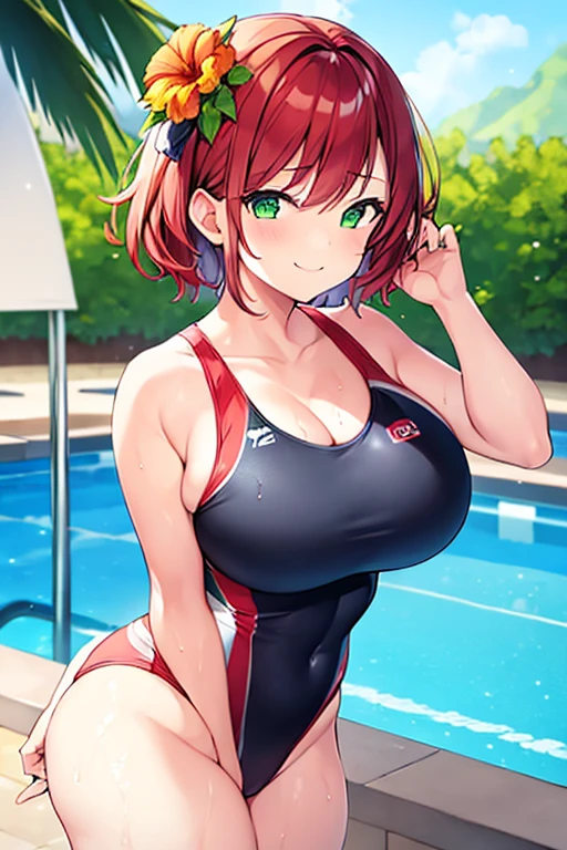 1girl, large breasts, thick thighs, red hair, green eyes, very short hair, short hair, smile, smirk, smug, one-piece swimsuit, competition swimsuit, pool, poolside, wet, breast supress, flower on head, hair ornament