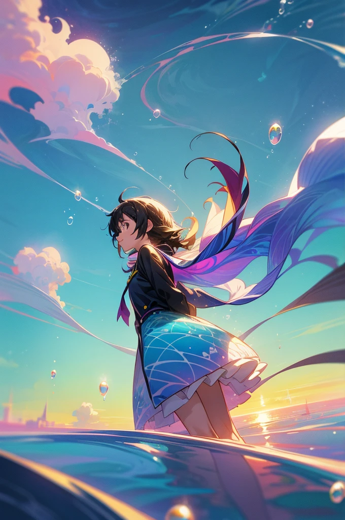 a girl standing in the middle of a city with bubbles floating in the air, bubbly scenery, colorful anime movie background, makoto shinkai cyril rolando, floating bubbles, escaping air bubbles, anime background art, dreamy psychedelic anime, beautiful anime scene, beautiful anime scenery, by Yuumei, anime background, bubbly underwater scenery, bubbles in the air