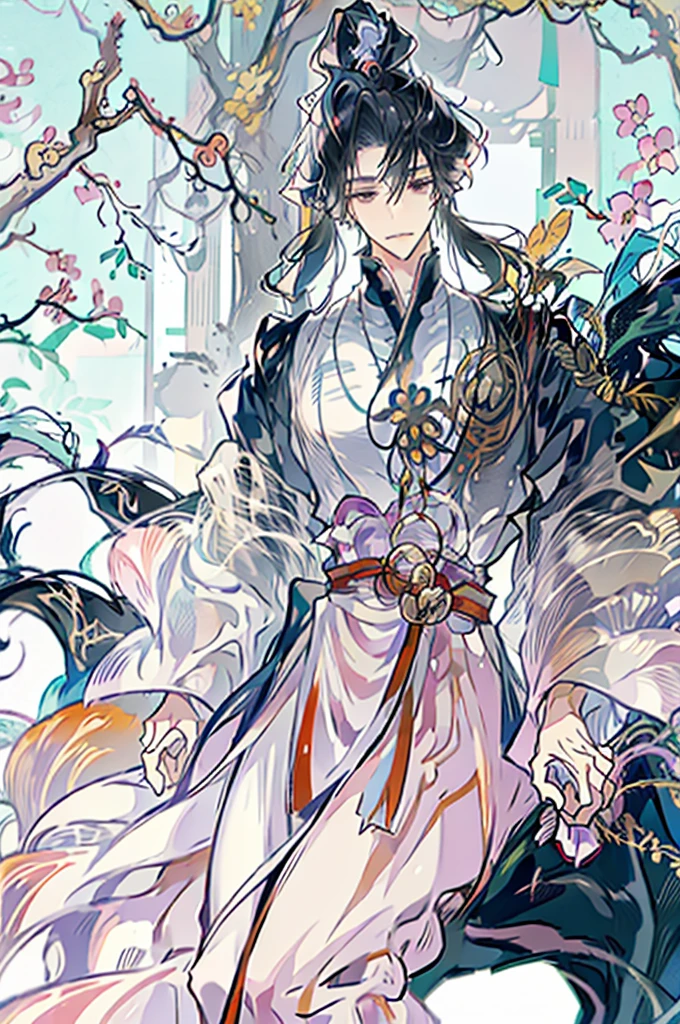 male anime character, anime rudo 8k, artwork in the style of guweiz, long black hair, tied in a pigtail, black eyes, wearing a white tunic with silver details, cute boy, androgynous prince, long tunic, chinese portrait, lips, male focus