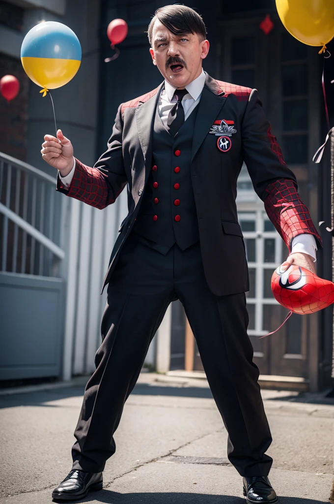Adolf Hitler standing, dressed up as spider man, Demonic Face, holding party balloons