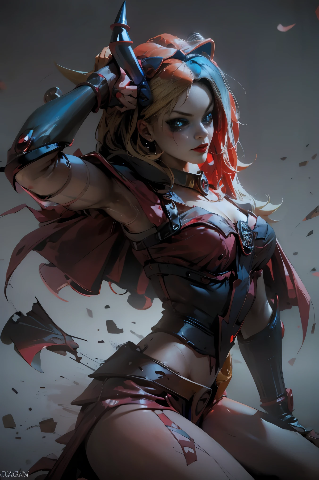 Dark wizard Gils dressed as Harley Quinn. He has blonde and black hair. blue eyes. Red lips. Gils, the dark magician, Did you dress up like Harley Quinn?. Sensual and innocent pose. circus background 