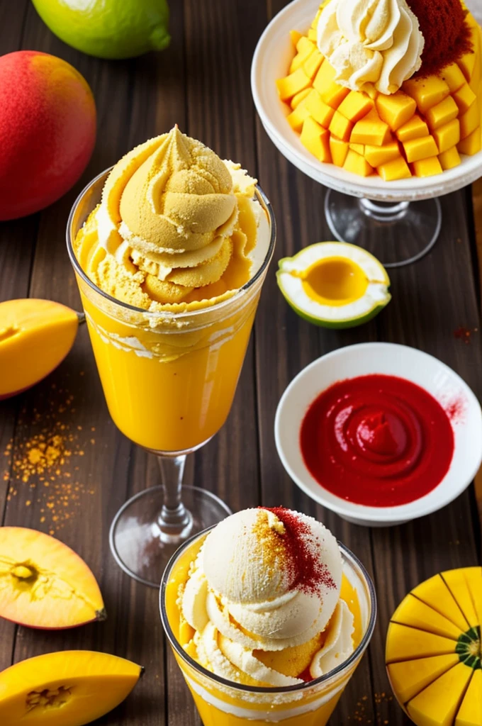 
Mango Ice Cream with Chamoy - "Generate an image of mango ice cream topped with liquid chamoy and sprinkled with chili powder. The ice cream should be served in an elegant glass with a tropical background, decorated with slices of fresh mango on top and a touch of lemon on top 