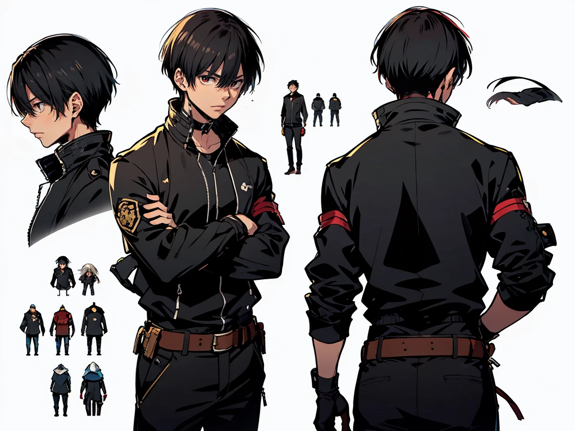 (((three-sided view, front view, side view, back view, multiple views, multiple poses and expressions, many parts)), concept art, character concept art, character sheet, Full body, illustration, (simple background, gray background), 1 character, 1girl, fantasy art:1.1), rekkyou sensen,rekkyo sensen, hasuichi nishizono, short hair, black hair, red eyes, boy, male, anime,1boy, bangs, hair between eyes, jacket, looking at viewer, male focus, solo, zipper, black clothes, black underwear, black gloves, long pants, black shoes, silver choker