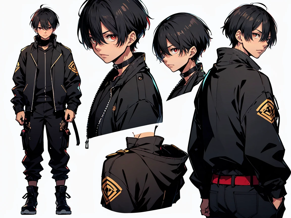 (((three-sided view, front view, side view, back view, multiple views, multiple poses and expressions, many parts)), concept art, character concept art, character sheet, Full body, illustration, (simple background, gray background), 1 character, 1girl, fantasy art:1.1), rekkyou sensen,rekkyo sensen, hasuichi nishizono, short hair, black hair, red eyes, boy, male, anime,1boy, bangs, hair between eyes, jacket, looking at viewer, male focus, solo, zipper, black clothes, black underwear, black gloves, long pants, black shoes, silver choker