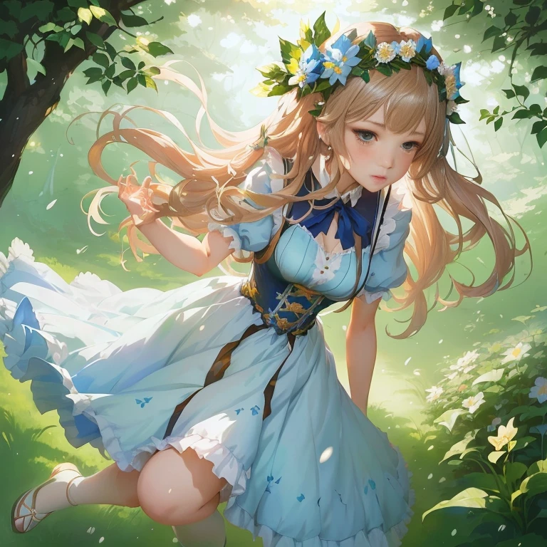 anime girl in a blue dress with a flower crown on her head, in dress, a maid in a magical forest, splash art anime , guweiz on pixiv artstation, cute anime waifu in a nice dress, guweiz on artstation pixiv, cushart krenz key art feminine, , portrait of lolita