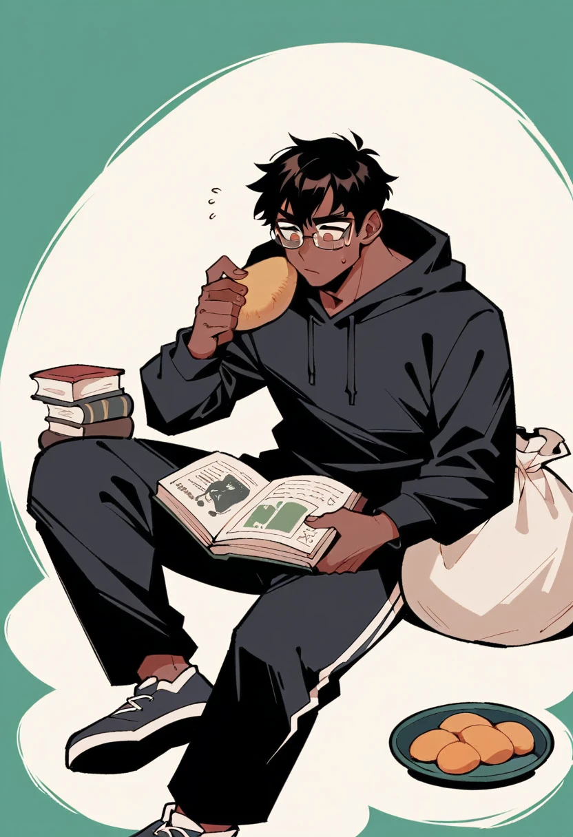 A thin young man with an average build and dark skin. His mouth is sewn shut, although his look indicate tranquility. He is sitting on a large rock, reading a book. His hair is black and short. He is wearing a black hoodie and black sweatpants, and wears black prescription glasses. Next to him is a huge sack full of potatoes, a sack that is sealed with a rope and has several bloodstains on it. The background is a peaceful, green hill.