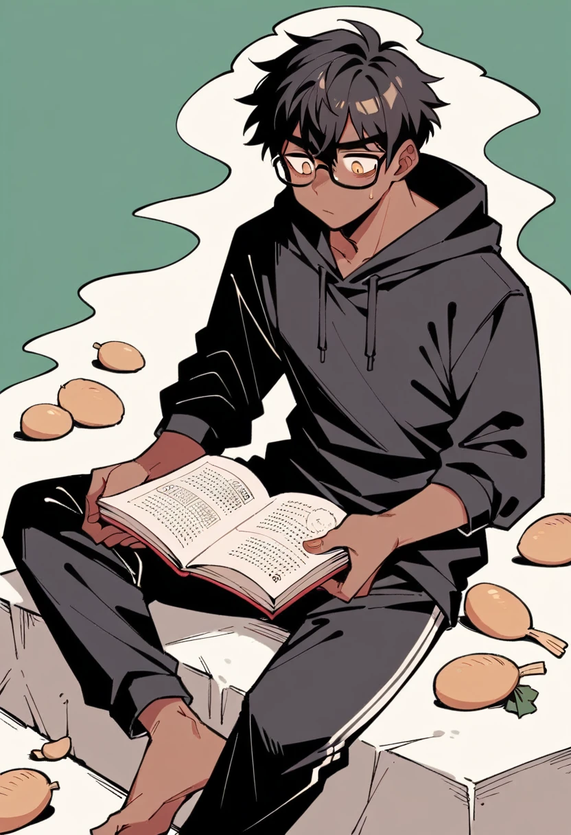 A thin young man with an average build and dark skin. His mouth is sewn shut, although his look indicate tranquility. He is sitting on a large rock, reading a book. His hair is black and short. He is wearing a black hoodie and black sweatpants, and wears black prescription glasses. Next to him is a huge sack full of potatoes, a sack that is sealed with a rope and has several bloodstains on it. The background is a peaceful, green hill.