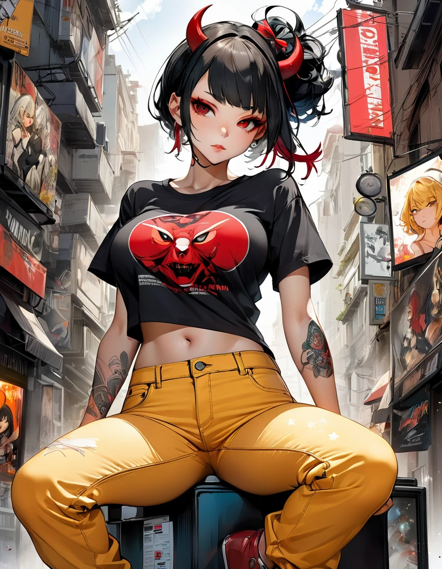 Aesthetic, horror Devil dark painterly style, modern ink, Sarada + Goku girl sensual big tits , gold red jeans short tshirts stars tattoo, expressive pose, urbanpunk, multi-layered perfect texture background, neo-expressionist, Russ Mills, Ian Miller, Harrison Fisher, Brian Froud, Jeremy Mann, Steadman , Hanuka, Klimt, Bell, Hobbie, Newton, greg rutkowski, atmospheric, hyperdetail, artstation trend, artgerm, deviant art, octane, masterpiece, complex art, intricate details, matte film poster painting, golden ratio, trending on cgsociety, incredibly detailed and stunningly beautiful