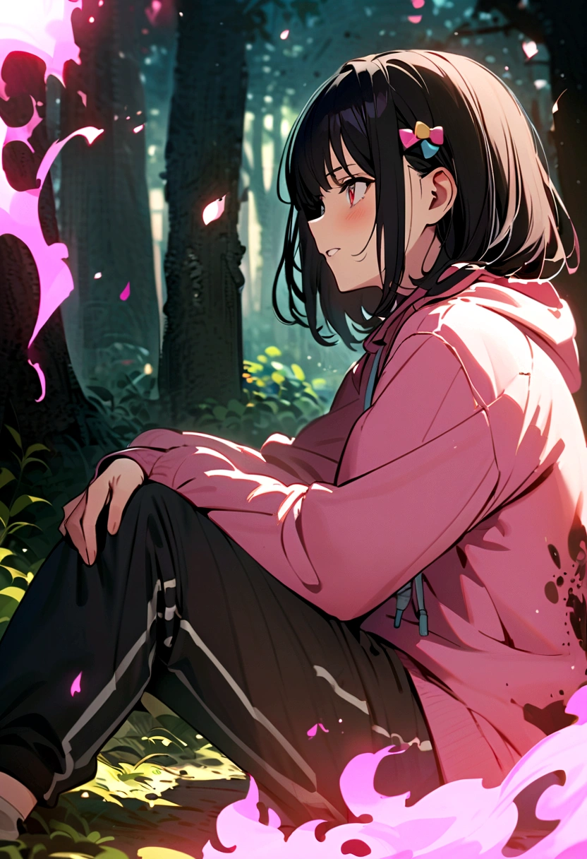 an anime girl with red eyes, long black hair with pink strands with small hair bow with small blue and yellow cubes decoration on the bow, on the right side of the head. She wears a pink sweatshirt that is too big for her and small black sweatpants.. A pink aura emanated from his body that manifested as flames and in a violent manner.. With his clothes destroyed and with several injuries, He grits his teeth as he puts his right hand on his hip., resting your knee on the forest floor