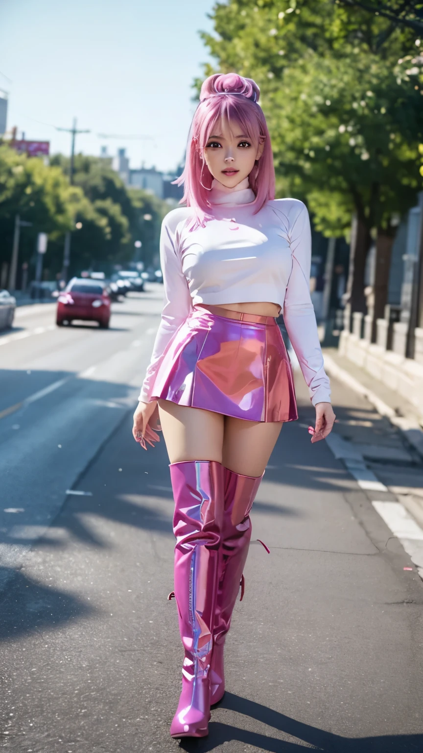 Tabletop、Ultra HD animation quality、Cinema Lighting、on the road、Latex Cosplay、Wearing pink latex、Ultra mini skirt、Age 25、Japanese、Idol、Female Pervert、Glamorous Body、Are standing、Esbian all over、Knee-high boots、Pink Hair、Sexy、Attractions