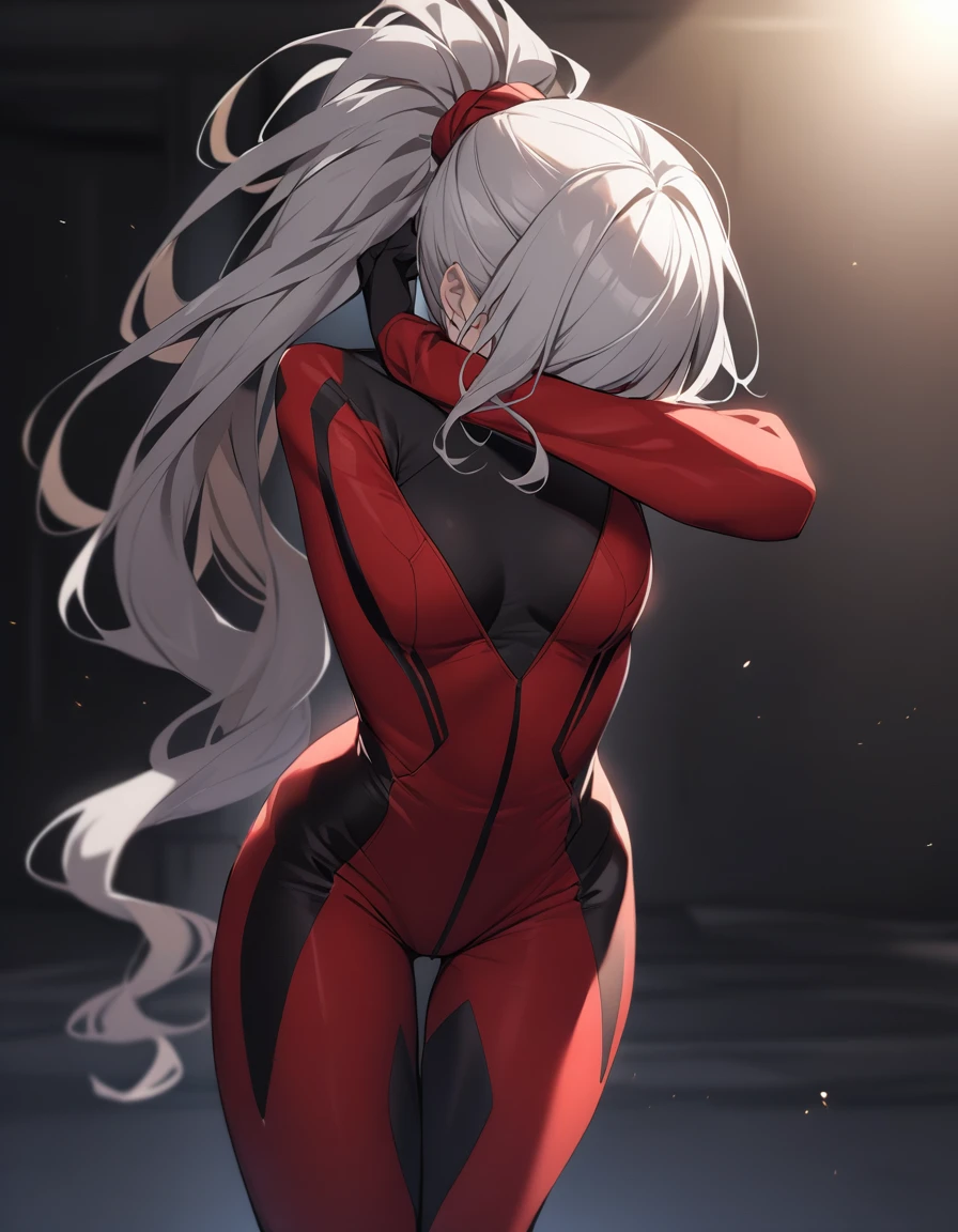 1girl,big breasts,standing in ruined city,(8k),scratches,detailed face,white hair,blue eyes,medium hair,embarassed,small smile face,high_res, high_definition,the battlefield,Heroic pose,dark suit,fox_ears, fox_tails,white tails,nine tails,(symbiote spider man Custome:1.1),