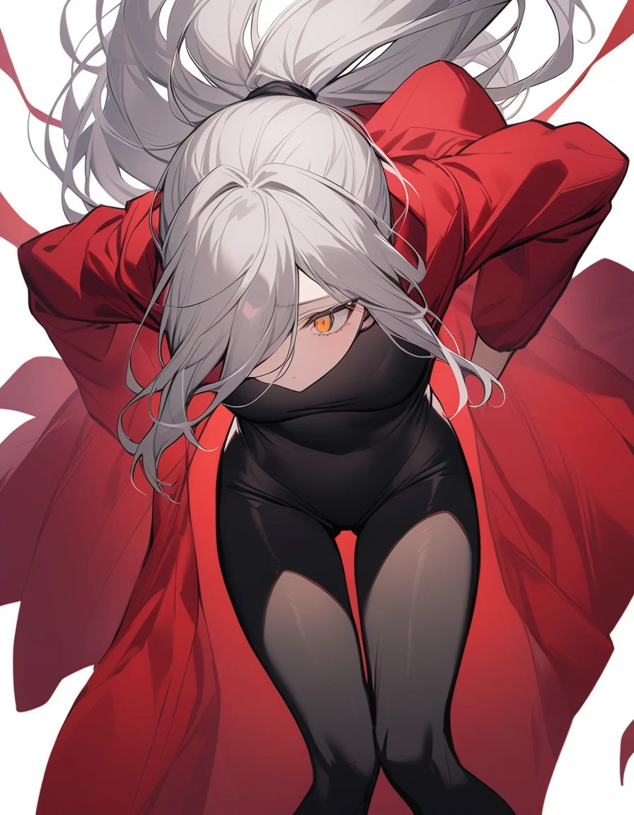 Tall, slim, She has long grey hair tied back in an enormous, messy ponytail that reaches down to her thighs, some of her hair is covering one of her eyes, she wears a red jacket over a black full-body suit, golden eyes
