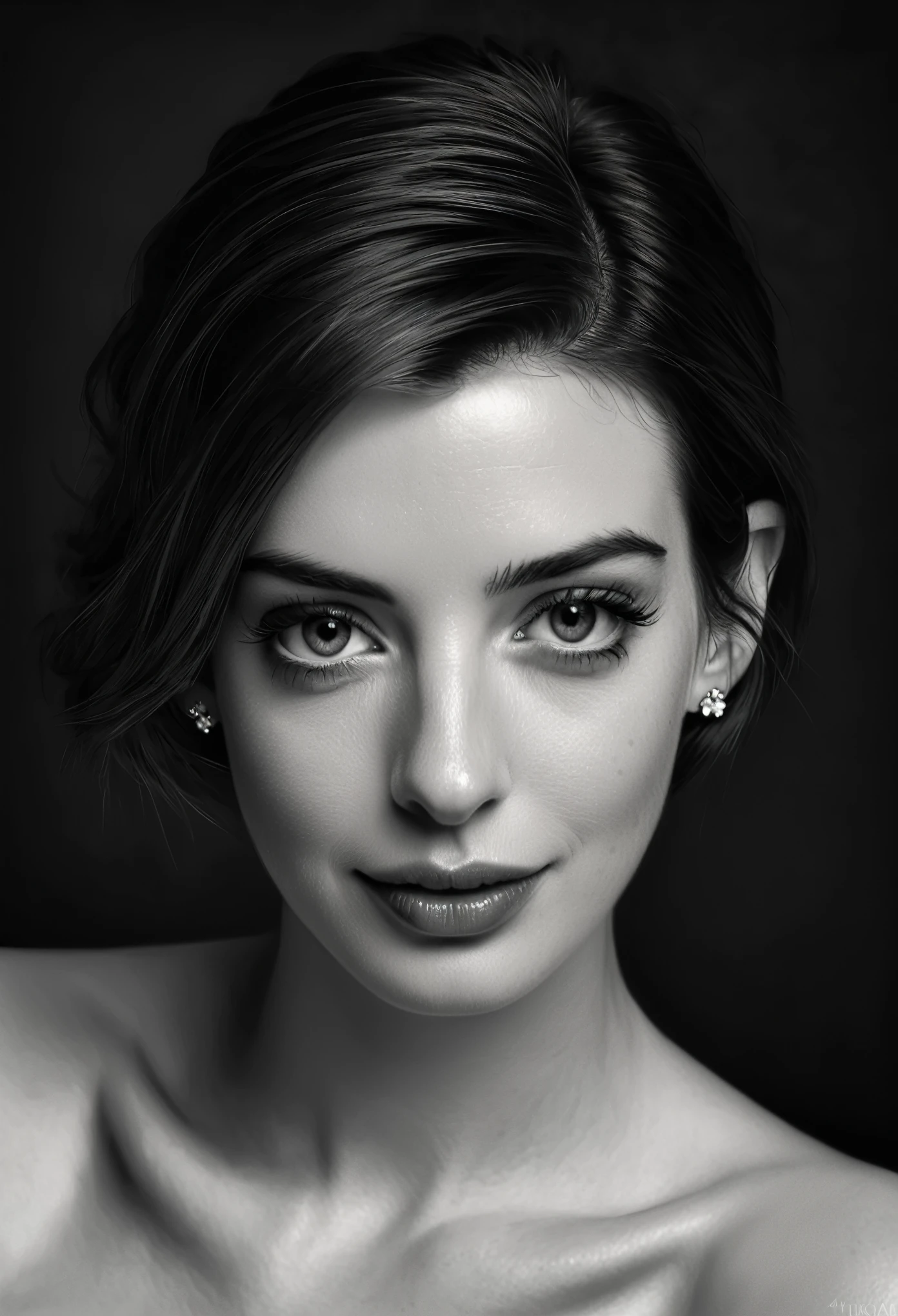 A stunning woman with porcelain skin and piercing eyes, Anne Hathaway, sits confidently for a masterful charcoal portrait, black and white pencil drawing, (best quality,4k,8k,highres,masterpiece:1.2),ultra-detailed,(realistic,photorealistic,photo-realistic:1.37),beautiful detailed eyes,beautiful detailed lips,extremely detailed eyes and face,long eyelashes,elegant pose,dramatic lighting,chiaroscuro,sophisticated,dramatic,high contrast,moody,atmospheric