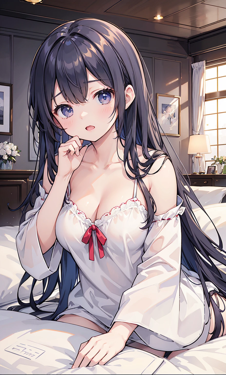 Photorealistic、Highest quality、Highest Resolution、Highest quality、8K、1人のBeautiful woman、Beautiful woman、Beautiful woman、Big Breasts、Inside the house、pajamas、Looks sleepyに目をこする、Looks sleepy、Yawn、