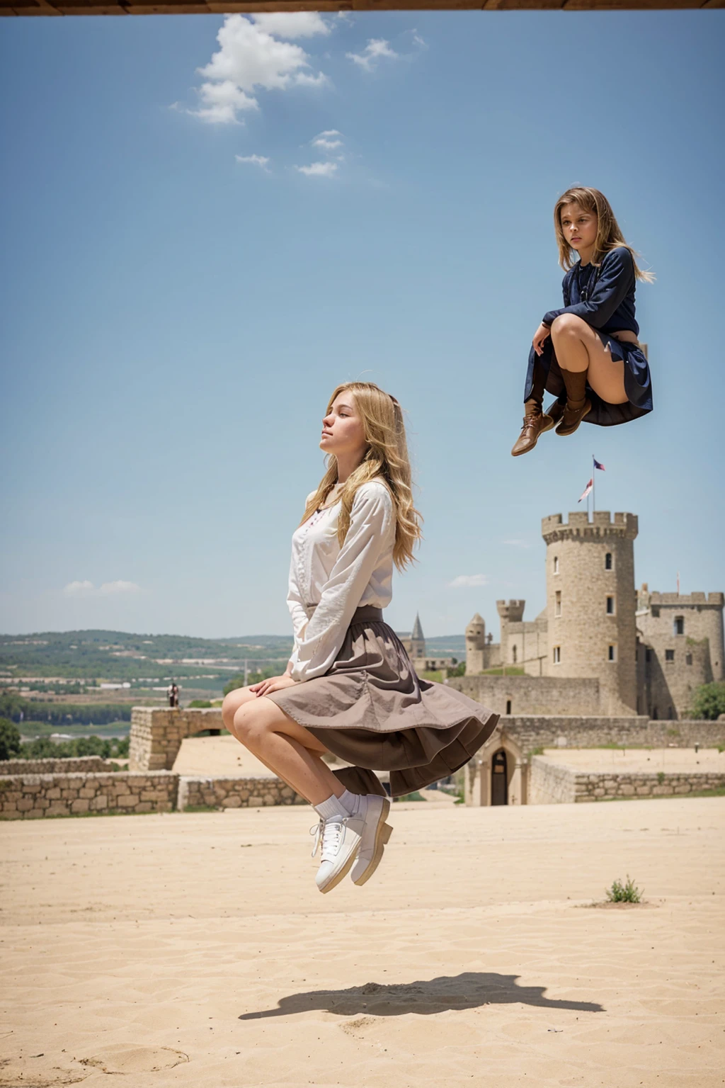Boy levitating next to his blonde teenage sister, behind a medieval castle 
