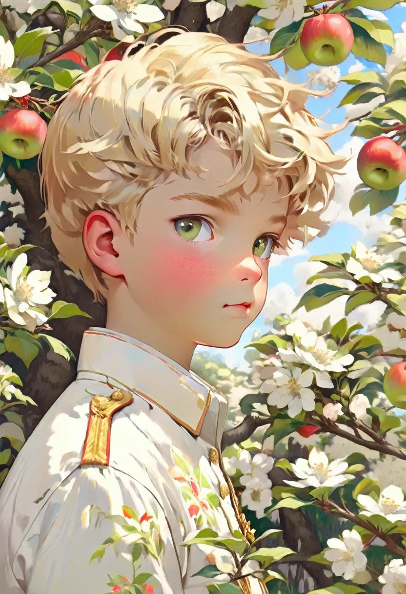 A boy with blond hair in a white long-sleeve shirt stands near a blooming apple tree and looks up. A man in a Soviet officer&#39;s uniform stands nearby and walks off into the distance.