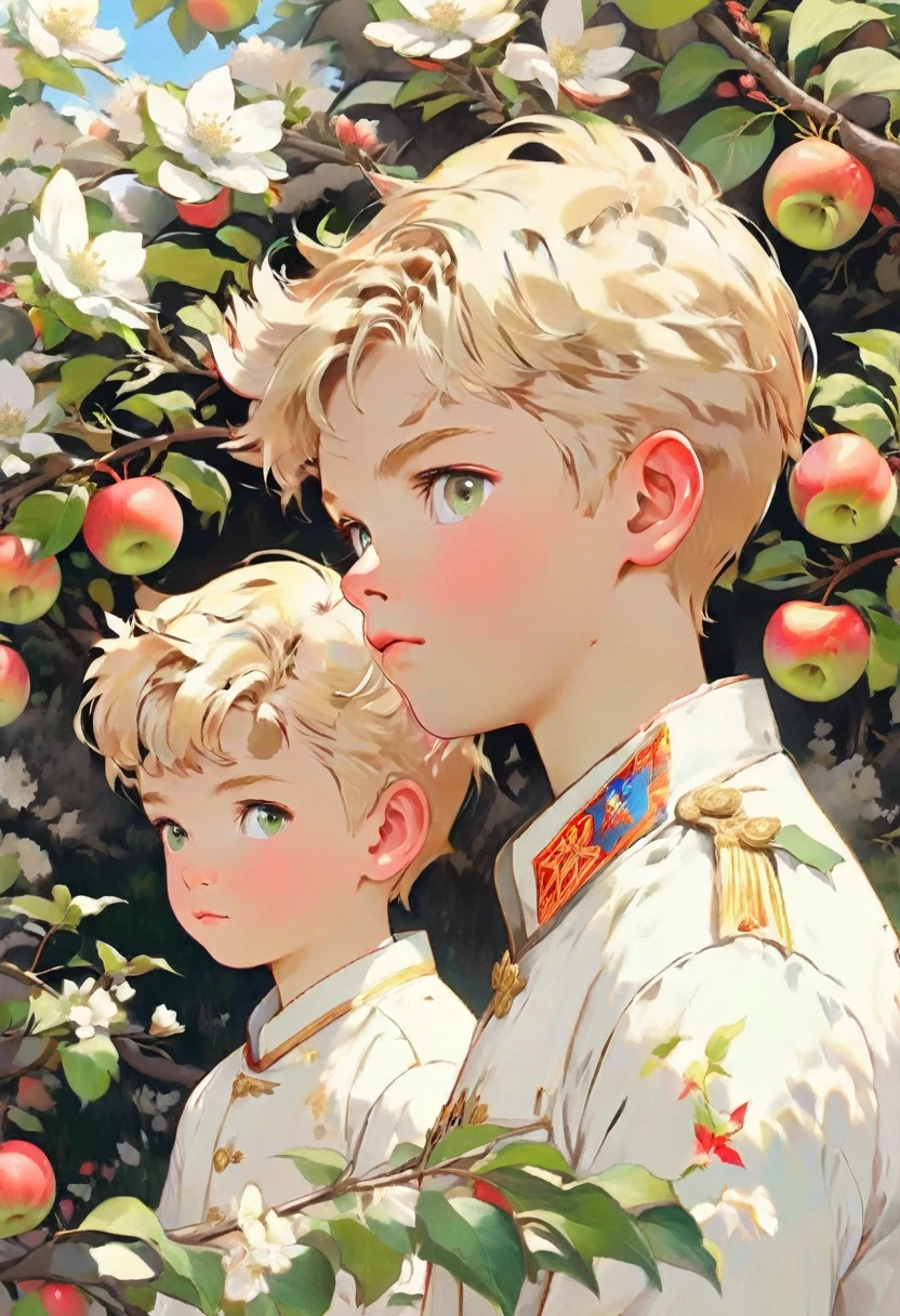 A boy with blond hair in a white long-sleeve shirt stands near a blooming apple tree and looks up. A man in a Soviet officer's uniform stands nearby and walks off into the distance.