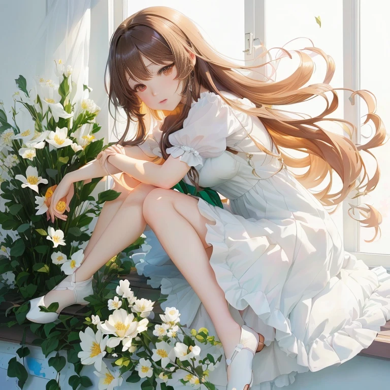 anime girl sitting on a window sill with flowers in her hand, in dress, beautiful anime girl, beautiful anime, cute anime waifu in a nice dress, pretty anime girl, digital art on pixiv, anime girl with long hair, smooth anime cg art, beautiful anime woman, beautiful anime style, beautiful anime art, (anime girl)