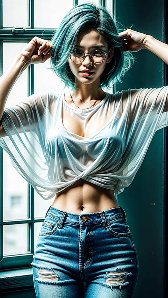 masterpiece, Highest quality, One girl, alone, 23 years old, Adult,Glasses, Turquoise Hair, Messy Hair, Asymmetrical Hair, Ahoge, Very short hair, Aqua Eye, Medium chest, Toned Up, 167cm, Pale skin, Glasses, Grin, White see-through shirt, jeans, Abdominal Peek,