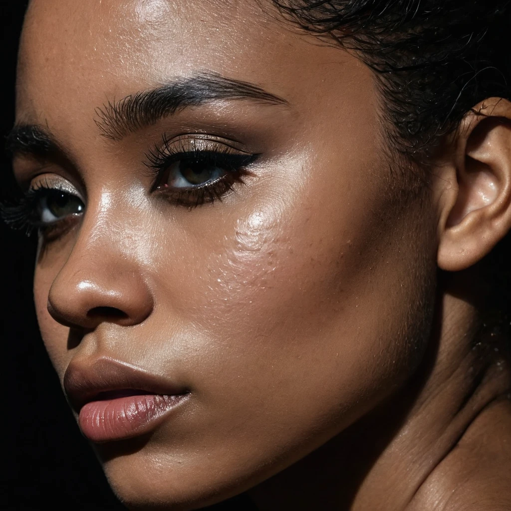 close up and zoomed in on a beautiful depressed very sad emotional sad crying black girl and a black background, sad, depressed, emotional, close up on side profile only showing cheek and eyelight falling on face, noir photorealism, mysterious portrait of a woman, chiaroscuro portrait, close up on side profile, tinashe, zoe kravitz, zoomed in on tear drop, euphoria vibes, black and white, dark