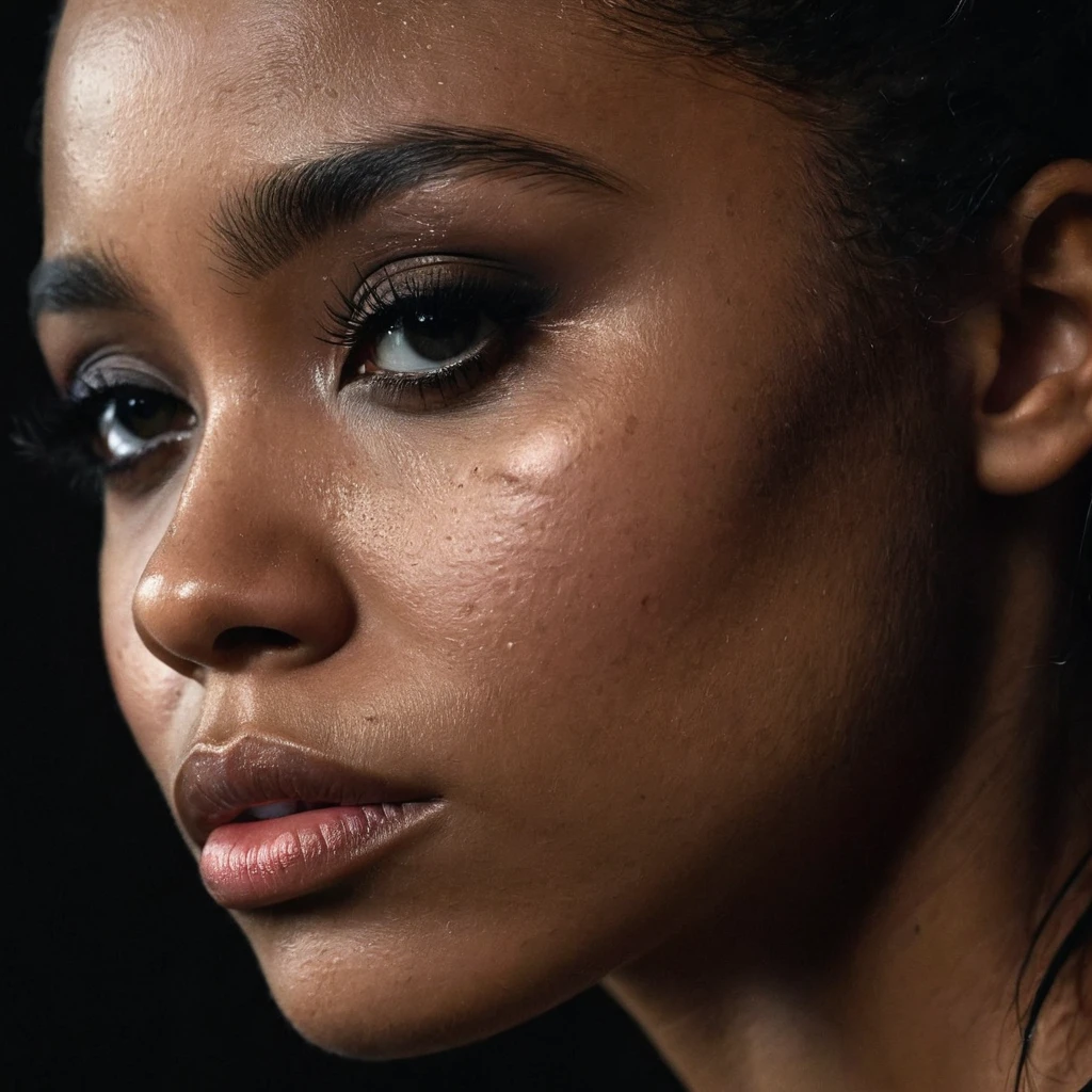 close up and zoomed in on a beautiful depressed very sad emotional sad crying black girl and a black background, sad, depressed, emotional, close up on side profile only showing cheek and eyelight falling on face, noir photorealism, mysterious portrait of a woman, chiaroscuro portrait, close up on side profile, tinashe, zoe kravitz, zoomed in on tear drop, euphoria vibes, black and white, dark