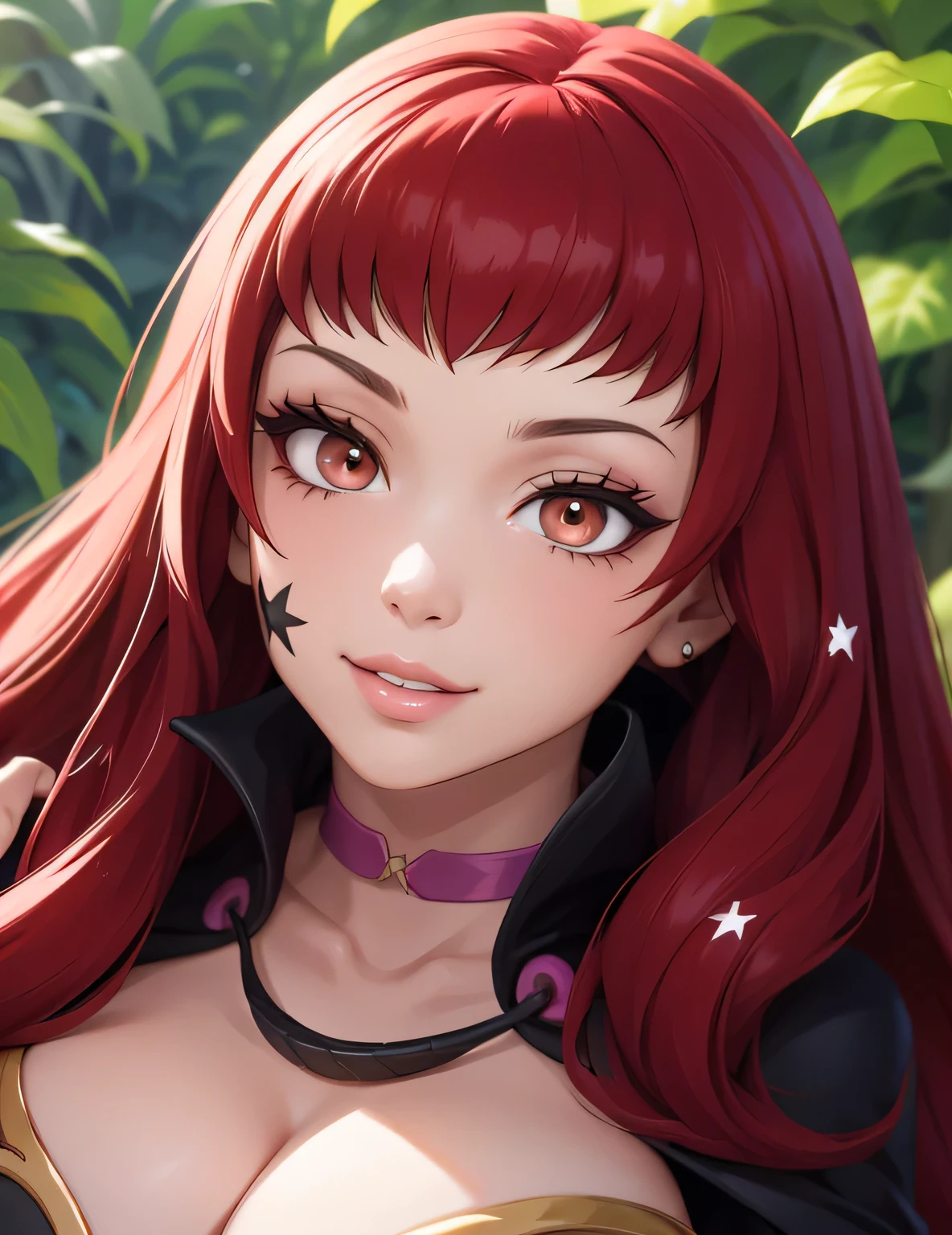 yunaka, star hair ornament, bodysuit, cape, belt, choker, deep cleavage, (masterpiece, best quality, 8k, HD, ultra-detailed), realistic style, garden 2.0, looking at viewer 2.0, blushing, beautiful eyes, facing camera 2.0, face shot 2.0, very sexy smile 2.0, very luscious lips 2.0, very heavy eyeshadow 2.0, very heavy makeup 2.0, very thick lips 2.0, very glossy lips 2.0, very pouty lips 2.0, lustrous skin 2.0, shiny skin 2.0, very beautiful 2.0, very curvy 2.0, very sexy 2.0, very thick 2.0, skindentation 2.0, very sexy smile 2.0, very luscious lips 2.0, face shot 2.0, facing camera 2.0, very heavy eyeshadow 2.0, very heavy makeup 2.0, round face, very thick lips 2.0, very glossy lips 2.0, very pouty lips 2.0, lustrous skin 2.0, shiny skin 2.0, very beautiful 2.0, very curvy 2.0, very sexy 2.0, very thick 2.0, very gigantic lips 2.0, very sexy smile 2.0, very luscious lips 2.0, very heavy eyeshadow 2.0, very heavy makeup 2.0, round face, very thick lips 2.0, very glossy lips 2.0, very pouty lips 2.0, lustrous skin 2.0, shiny skin 2.0, very beautiful 2.0, very curvy 2.0, very sexy 2.0, very thick 2.0, very toned 2.0, very sexy smile 2.0, very luscious lips 2.0, very toned 2.0, very toned 2.0, very sexy smile 2.0, very luscious lips 2.0, wide hips 2.0, very gigantic thighs 2.0, very small waist 2.0, very thick thighs 2.0, skindentation 2.0, very heavy eyeshadow 2.0, very heavy makeup 2.0, round face, very thick lips 2.0, very glossy lips 2.0, very pouty lips 2.0, lustrous skin 2.0, shiny skin 2.0, very beautiful 2.0, very curvy 2.0, very sexy 2.0, very thick 2.0, very gigantic breasts 2.0, very sexy 2.0, very gigantic lips 2.0,, very thick thighs 2.0, hourglass waist 2.0, very sexy 2.0, very sexy 2.0, face shot 2.0, very close up shot 2.0, face shot 2.0, very close up shot 2.0, face shot 2.0, very close up shot 2.0, face shot 2.0, very close up shot 2.0, face shot 2.0, very close up shot 2.0, face shot 2.0, face shot 2.0, face shot 2.0, face shot 2.0,