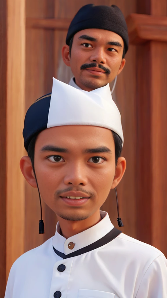 Indonesian man, wearing muslim suit, cowbot shot, look at the camera, background abstrack blur.