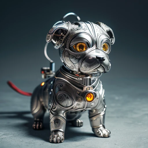Cute metal puppy, (cyborg:1.1), ([tail | detailed wire]:1.3), (intricate details), High resolution, (intricate details, hyperdetailed:1.2), , Vignette, Centered