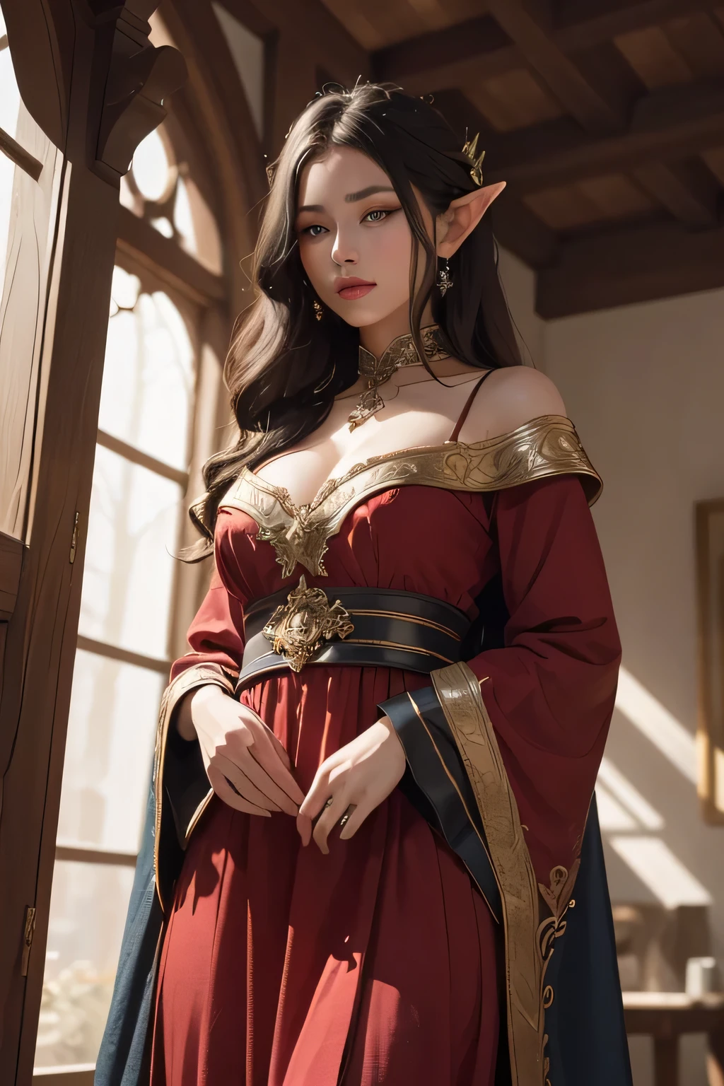 ((best qualityer)), ((work of art)), (detailded), high qualiy, 8K Ultra-HD, 1 A beautiful elf warrior, huge long black black hair , blue colored eyes, thin lips, Round face, standing house of precious stones , wearing red dress , clothes of an elf of the elven aristocracy, medieval gown, pure look, Perfect artwork, work of art ,clear lighting, detailed shadows