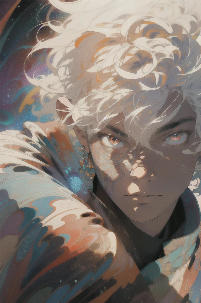 Realistic, (Masterpiece, Top Quality, Best Quality, Official Art, Beauty and Aesthetics: 1.2), Very Detailed, Fractal Art, Colorful, Most Detailed, Zentangle, (Abstract Background: 1.5) (1boy: 1.3), God, White Hair, Short Hair, (Glowing Red Eyes), Mysterious, (Magic), Handsome Man, Firefly, Starry Sky, Bamboo Forest