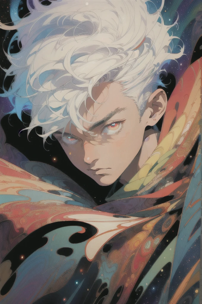 Realistic, (Masterpiece, Top Quality, Best Quality, Official Art, Beauty and Aesthetics: 1.2), Very Detailed, Fractal Art, Colorful, Most Detailed, Zentangle, (Abstract Background: 1.5) (1boy: 1.3), God, White Hair, Short Hair, (Glowing Red Eyes), Mysterious, (Magic), Handsome Man, Firefly, Starry Sky, Bamboo Forest