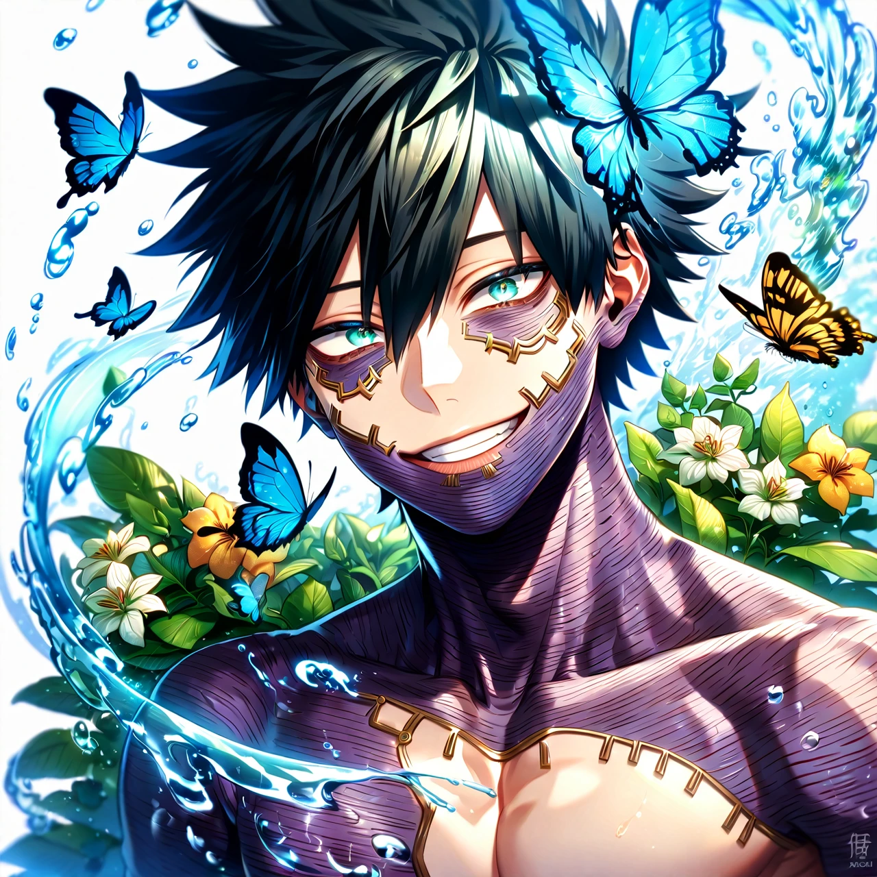 absurdres, highres, ultra detailed, HDR, master piece, best quality, extremely detailed face, delicated features, Dabi, black hair, expressive turquoise eyes, Boku No Hero Academia, solo, sexy man, handsome, smiling, bare chest, fantasy, magical, butterflies, summer, green leaves, flowers, water