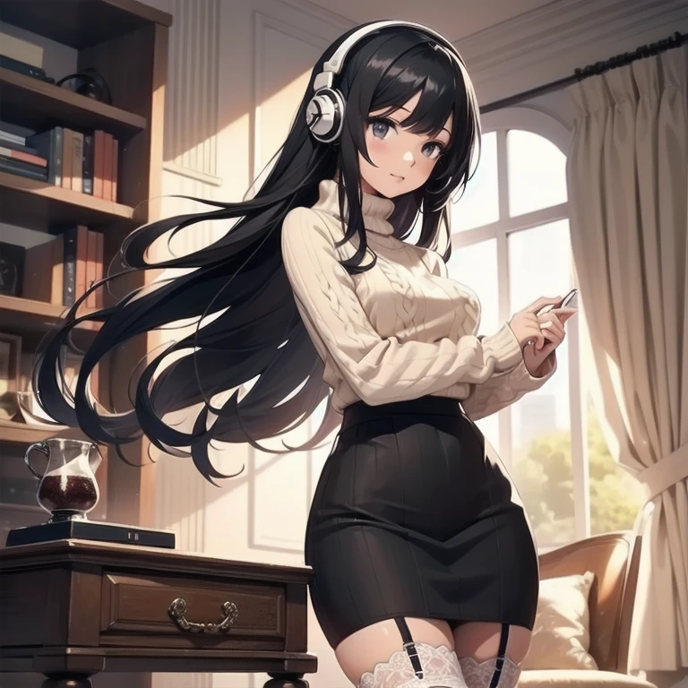 1girl, anime, black eyes, long black hair with square bangs, very long black hair, super long black hair, skirt and stockings, heels, ((ribbed white sweater)), adult, hourglass figure, garter, nerdy, headphones
