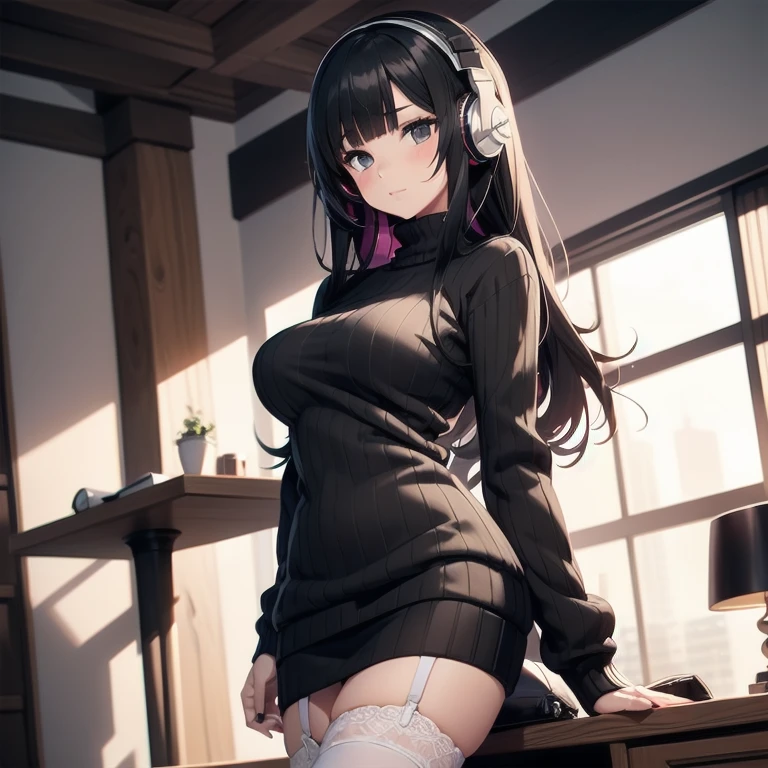 1girl, anime, black eyes, long black hair with square bangs, very long black hair, super long black hair, skirt and stockings, heels, ((ribbed white sweater)), adult, hourglass figure, garter, nerdy, headphones
