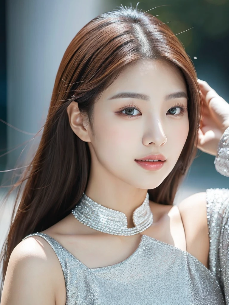 Kwon Eun-bi is a young Korean woman in her 28s. She hair is chanel-cut in a coppery red colors.
She face is slightly shorter than it is long, which carry a warm , expressive face. Her skin is radiant and clear, presenting an impeccable state of health and her curved lips.
Large, brown eyes are expressive and captivating.
She height is medium, her natural body and defined made up of proportional curves. with the most charming and provocative. It matches their personalities.
She wears a silver dress that sparkles as the moonlight illuminates her
