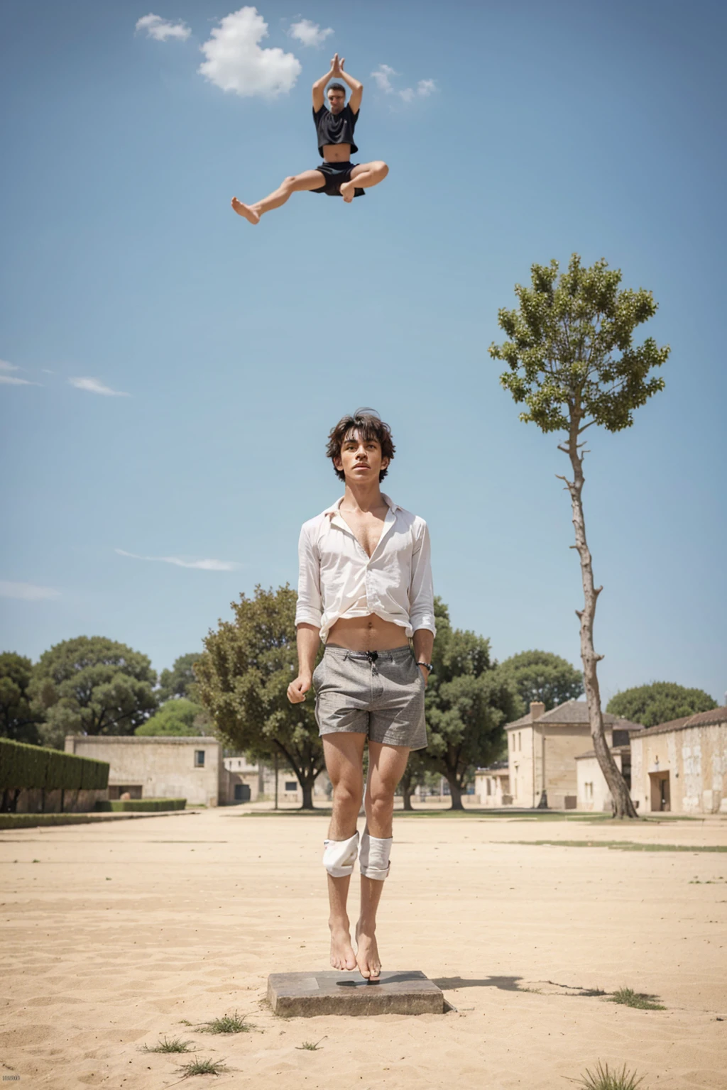 Levitating boy, trees, french culture