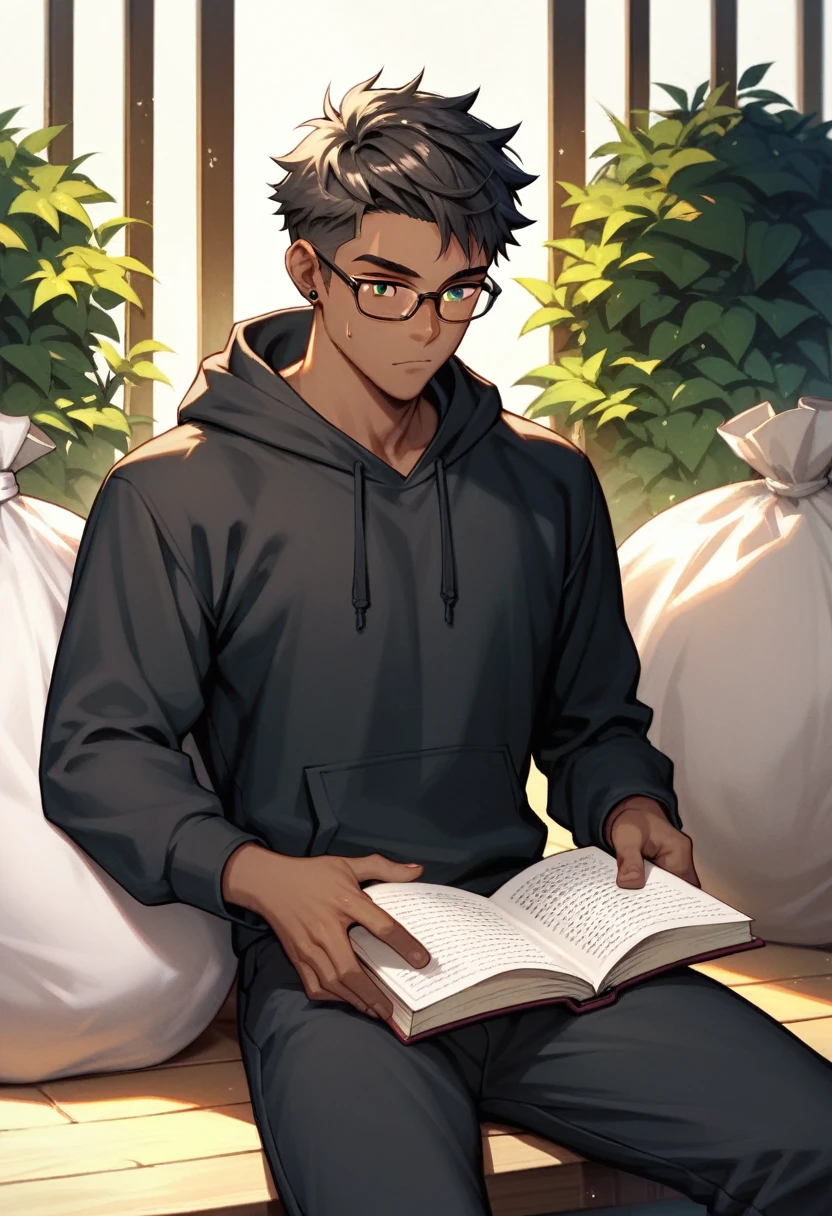 A thin young man with an average build and dark skin. His mouth is sewn shut, although his look indicate tranquility. He is sitting on a large rock, reading a book. His hair is black and short. He is wearing a black hoodie and black sweatpants, and wears black prescription glasses. Next to him is a huge sack full of potatoes, a sack that is sealed with a rope and has several bloodstains on it. The background is a peaceful, green hill.