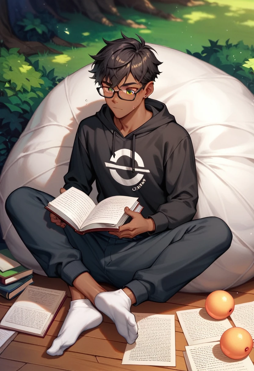 A thin young man with an average build and dark skin. His mouth is sewn shut, although his look indicate tranquility. He is sitting on a large rock, reading a book. His hair is black and short. He is wearing a black hoodie and black sweatpants, and wears black prescription glasses. Next to him is a huge sack full of potatoes, a sack that is sealed with a rope and has several bloodstains on it. The background is a peaceful, green hill.