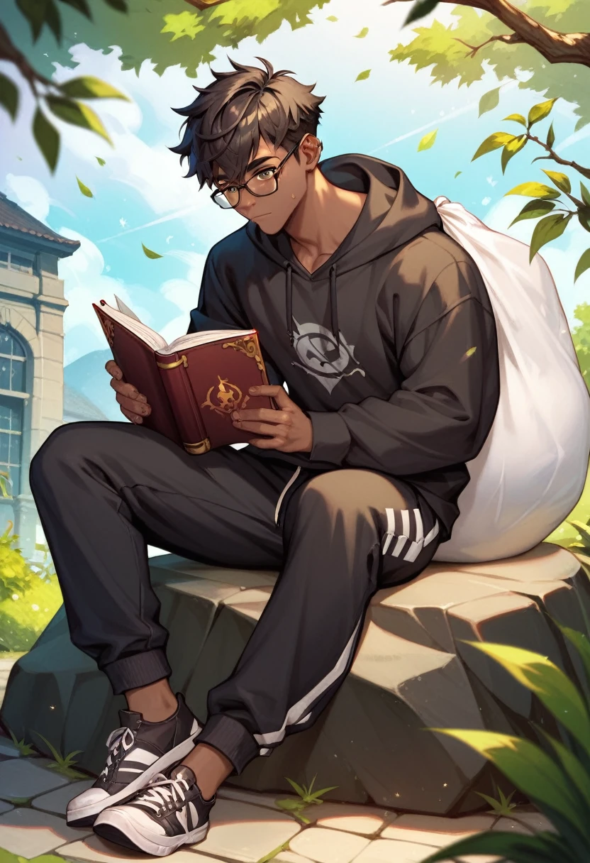 A thin young man with an average build and dark skin. His mouth is sewn shut, although his look indicate tranquility. He is sitting on a large rock, reading a book. His hair is black and short. He is wearing a black hoodie and black sweatpants, and wears black prescription glasses. Next to him is a huge sack full of potatoes, a sack that is sealed with a rope and has several bloodstains on it. The background is a peaceful, green hill.