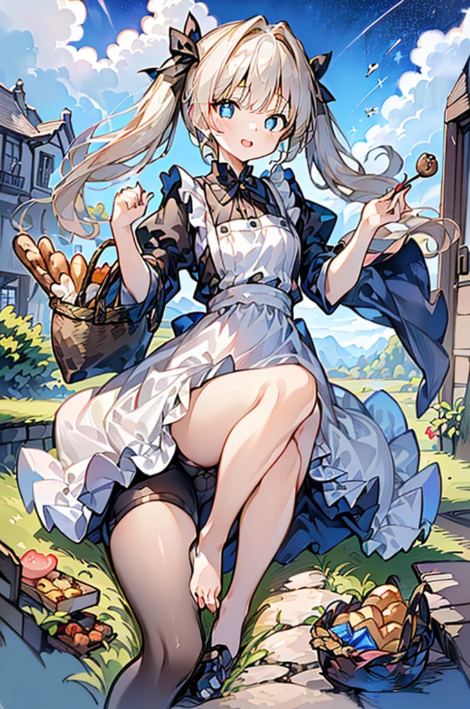 (perky chest:1.2), (pointed chest:1.2),(((Black Tunic:1.3))),(((cakes and bread in the basket),Cute and beautiful girl,Cute round face,Cute smile,with blush cheeks,Red Lip,a girl 17 years old, nsfw:1.2, beautiful body:1.3), shinny skin, BREAK, ((alice in the wonderland:1.3, cute, kawaii, lovely, funny, a girl falling down from sky:1.3, girl flying in sky:1.4, girl floating in air:1.5, rolling upskirt by wind:1.6, (with sparkling eyes and a contagious smile),open mouth, Looking at Viewer, surprised, putting hands on crotch over the skirts:1.5)), BREAK, ((floating things as follows:1.3, PlayingCards, Trump, tea cup, tea pot, tea spoons, pocket watch:1.3, lip sticks, candies:1.2, cookies, jam bottles, classical door_keys)), ((long purply_Blue dress :1.5, wearing long flaired skirt:1.3, the skirt is blowing:1.3, cute pink Apron, black stockingedium long platinum-blonde hair:1.2, twin tail hair:1.6, tied hair with a large ribbon), (Blue eyes, bright pupils with highlights, detailed eyes), (lying down on your back:0.7, spreading legs with rising up straight:0.7), sexy posture, fantastic colorful art, (fantasy art:1.2, wondered images), ((correct anatomy:1.5, perfect anatomy:1.3, correct hand, small foot:1.2)),
