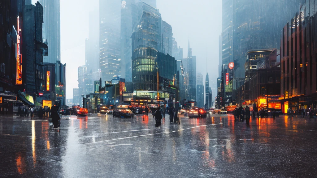 a busy city center at night, rain falling, people walking on the streets, stopped cars, ultra-detailed, hyperrealistic, (best quality,4k,8k,highres,masterpiece:1.2),ultra-detailed,(realistic,photorealistic,photo-realistic:1.37),dramatic lighting,neon lights,reflections on wet pavement,moody atmosphere,cinematic composition,dynamic perspective,cityscape,urban environment,street scene,rainy weather,night time,pedestrians,vehicles,traffic,architecture,skyscrapers,detailed buildings