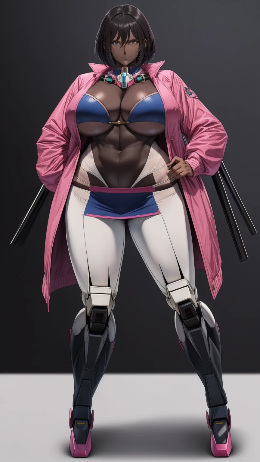 E girl cut hair Bob color pink jacket open mini skirt (((mecha legs Master piece Ultra Quality))), stand pose head on full body , (tall, muscular:1.0), (dark skin, perfect skin:1.8), big breasts:1.3),Grt2c
