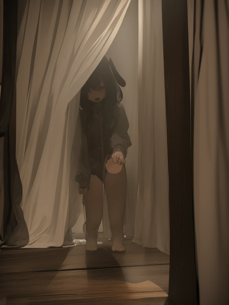 In a dark haunted house, horror, fear , It's muggy , steamy , rabbit ear girl , holding back pee , Disarray of clothing , Shadows seen through the curtains , doggy style , hard core , orgasm