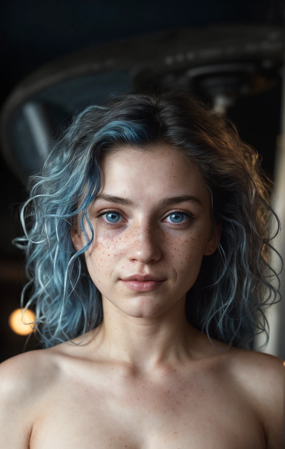 (Close-up, editorial photograph of a 21 year old woman), (highly detailed face:1.4) (smile:0.7) (background inside dark, moody, private study:1.3) POV, by lee jeffries, nikon d850, film stock photograph ,4 kodak portra 400 ,camera f1.6 lens ,rich colors, hyper realistic ,lifelike texture, dramatic lighting , cinestill 800, wavy hair, messy hair, curls, Mischievous smirk, Blue hair, Blue Eyes, freckles, White Skin, Sci Fi, Spaceship, Cyberpunk, Futurism, Technocratic Union, Halo Suit, Astral Plane, European expressions, European woman, European skin