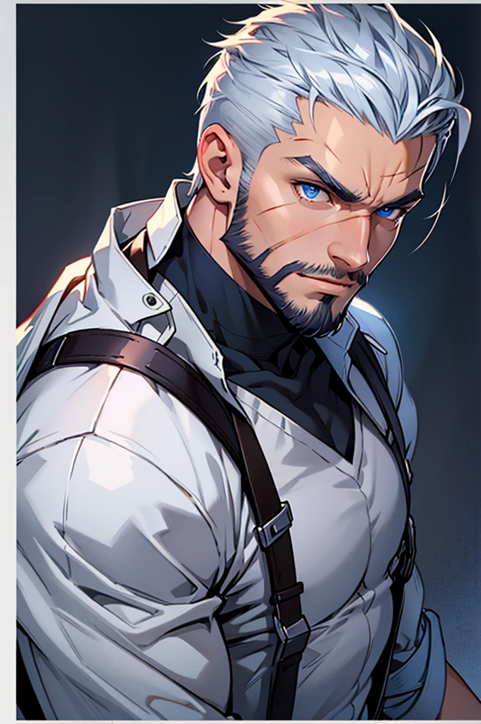 Young man, 26 years, muscular, with a scar on the left side of the face, with blue eyes, latin features, rectangular head, beard with sideburns, short silver hair, trapezoidal body, wearing duke's clothes, with golden laurel wreath, red and white cape, swarthy skin, posing standing, full body image