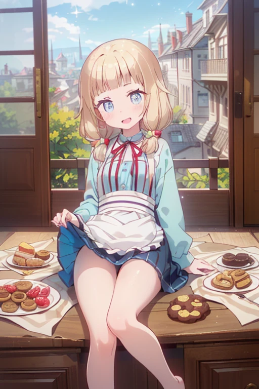 (perky chest:1.2), (pointed chest:1.2),(((Black Tunic:1.3))),(((cakes and bread in the basket),Cute and beautiful girl,Cute round face,Cute smile,with blush cheeks,Red Lip,a girl 17 years old, nsfw:1.2, beautiful body:1.3), shinny skin, BREAK, ((alice in the wonderland:1.3, cute, kawaii, lovely, funny, a girl falling down from sky:1.3, girl flying in sky:1.4, girl floating in air:1.5, rolling upskirt by wind:1.6, (with sparkling eyes and a contagious smile),open mouth, Looking at Viewer, surprised, putting hands on crotch over the skirts:1.5)), BREAK, ((floating things as follows:1.3, PlayingCards, Trump, tea cup, tea pot, tea spoons, pocket watch:1.3, lip sticks, candies:1.2, cookies, jam bottles, classical door_keys)), ((long purply_Blue dress :1.5, wearing long flaired skirt:1.3, the skirt is blowing:1.3, cute pink Apron, black stockingedium long platinum-blonde hair:1.2, twin tail hair:1.6, tied hair with a large ribbon), (Blue eyes, bright pupils with highlights, detailed eyes), (lying down on your back:0.7, spreading legs with rising up straight:0.7), sexy posture, fantastic colorful art, (fantasy art:1.2, wondered images), ((correct anatomy:1.5, perfect anatomy:1.3, correct hand, small foot:1.2)),