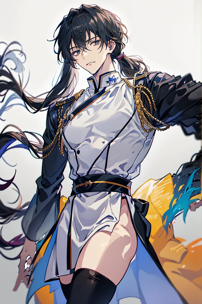 male anime character, anime rudo 8k, artwork, long black hair, tied in a pigtail, black eyes, wearing a white tunic with silver details, Handsome guy, androgynous prince, long tunic, portrait, lips, male focus